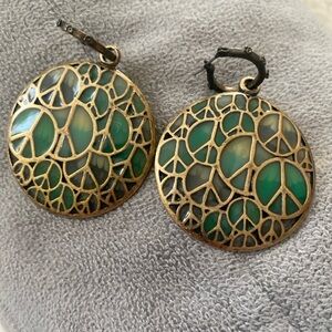 Whimsical  Green and Gold PEACE SIGN  Pattern Earrings